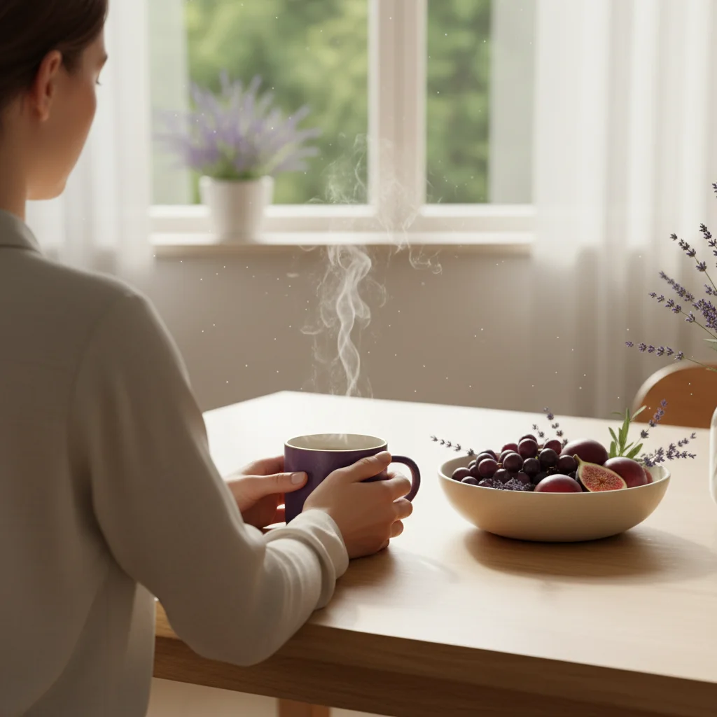 Anonymous person enjoying a warm morning drink at a bright kitchen table