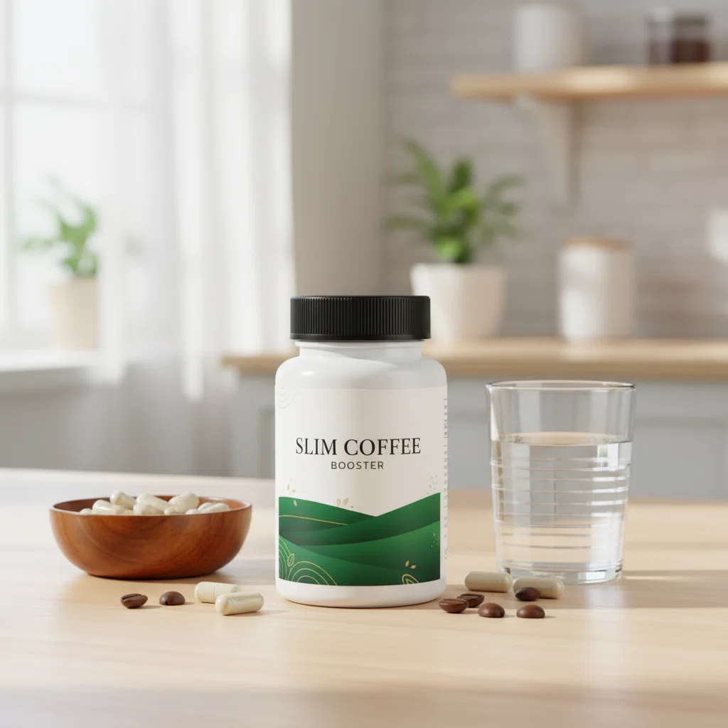 Slim Coffee Booster box on cream linen surface with green tea leaves - food supplement for weight management support